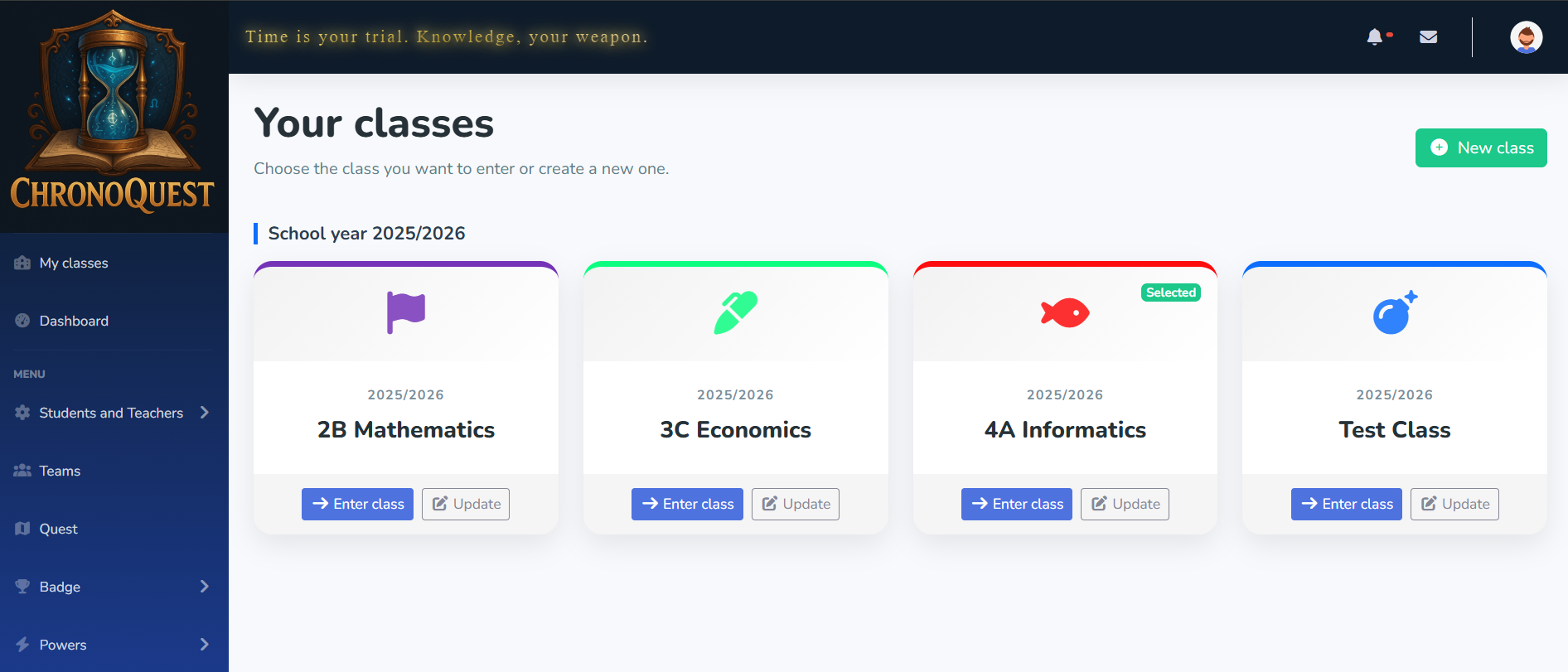 ChronoQuest screen for class management