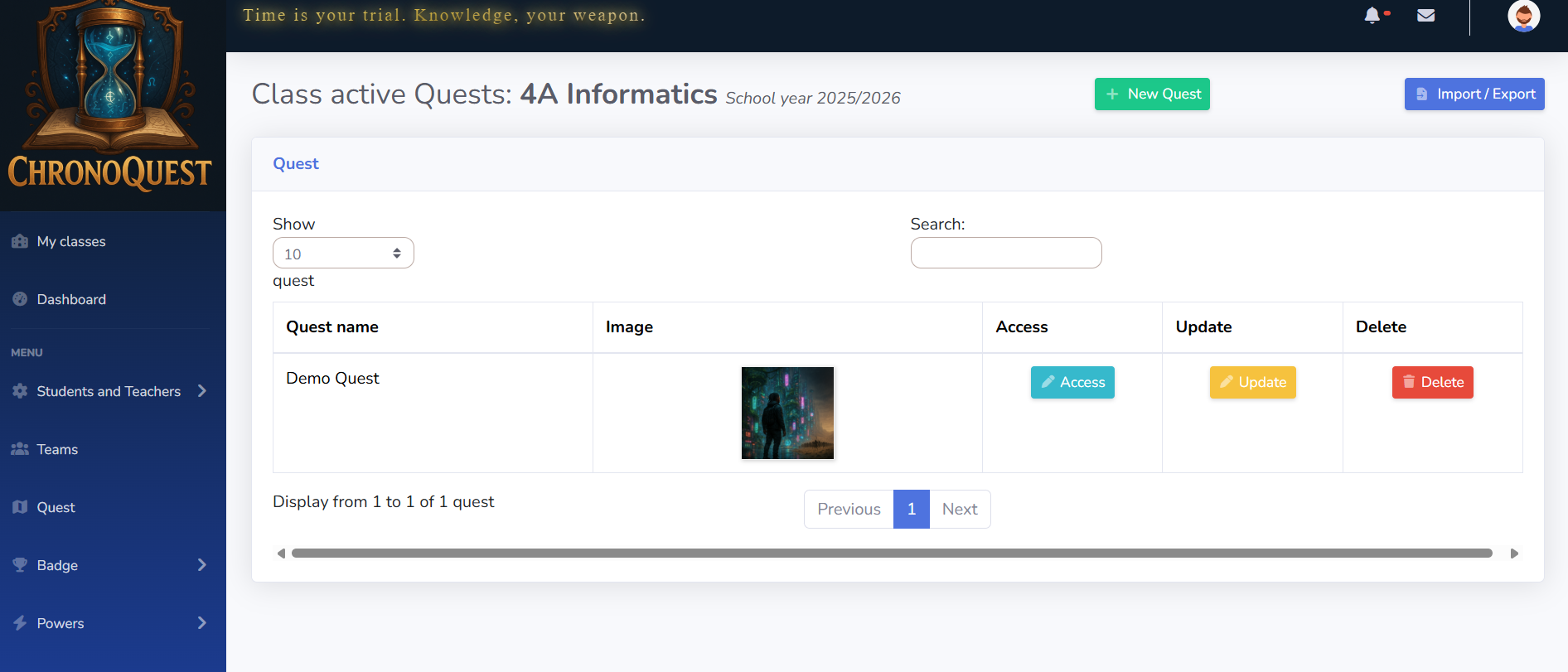ChronoQuest screen with learning quests