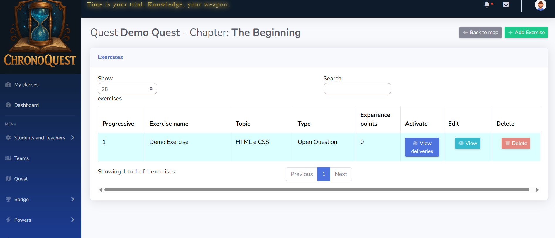 ChronoQuest screen with exercises connected to quests
