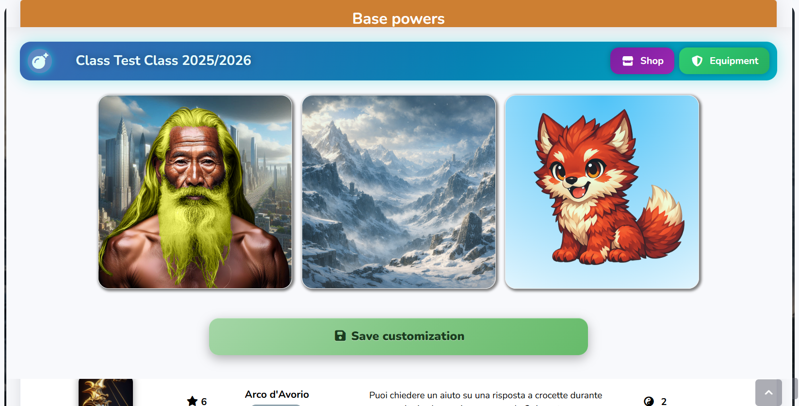 ChronoQuest student screen with character customization
