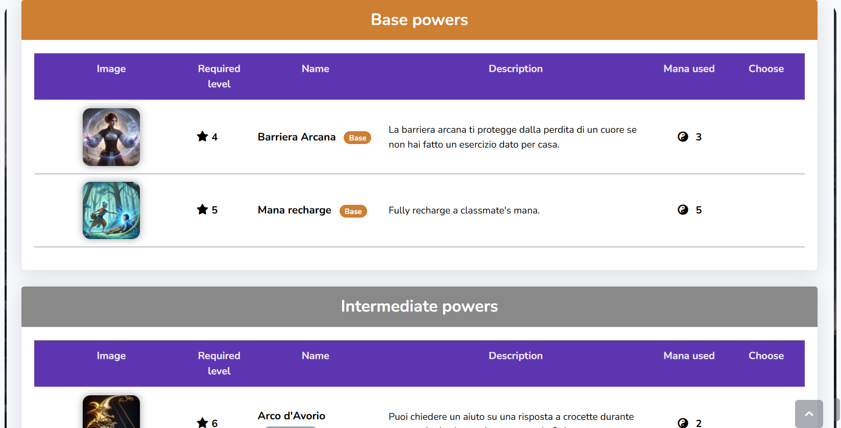 ChronoQuest student screen with available powers