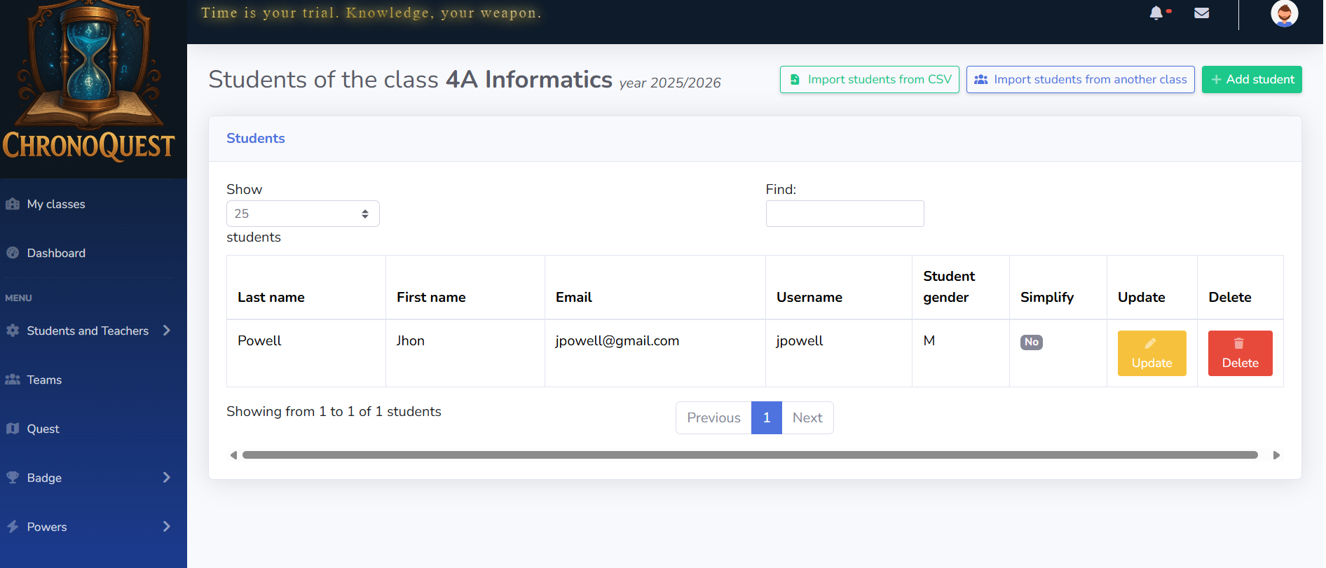 ChronoQuest screen with the students in a class
