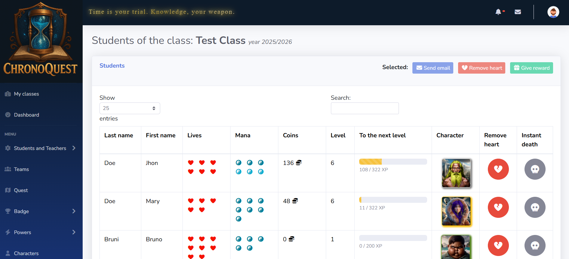 ChronoQuest teacher dashboard for managing a school gamification platform