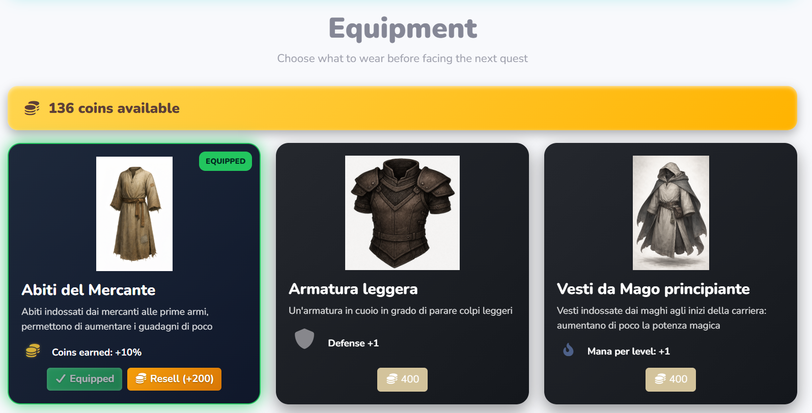 Character equipment with items and virtual currency in ChronoQuest