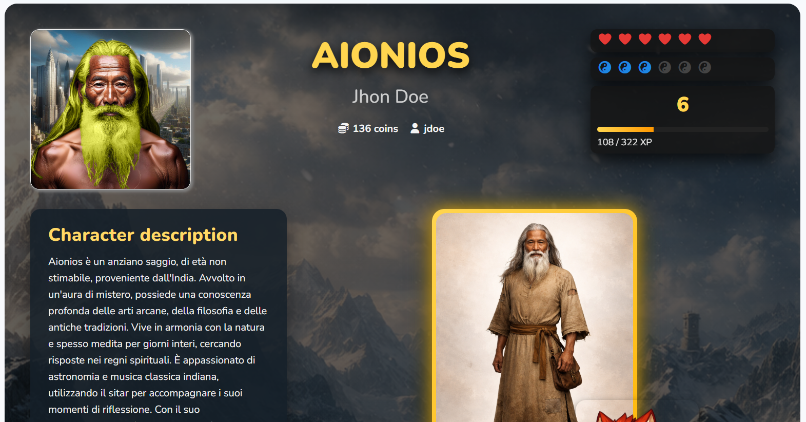 Character sheet with student level, experience and progress in ChronoQuest